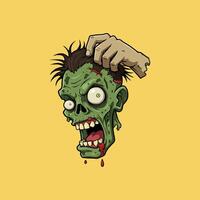 A cartoon illustration depicts a decaying zombie head with a hand seemingly examining its scalp. vector