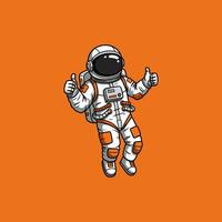 A cartoon astronaut in a spacesuit gives two thumbs up against an orange background. vector