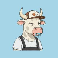 A cartoon illustration depicts a cow wearing a cap and overalls with a tired expression and blue liquid dripping from its mouth. vector