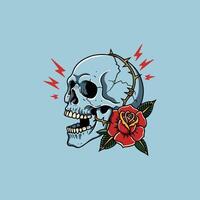 The image showcases a traditional American tattoo style design featuring a blue skull encircled by barbed wire and accompanied by a red rose. vector