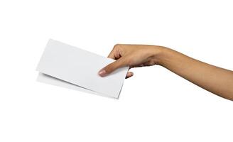 Hand holding blank flight ticket for mockup photo