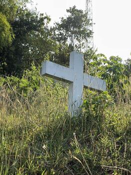 Cross in the grave with grass photo