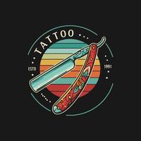 A retro-styled logo featuring a straight razor with floral details set against a sunset background within a circular frame. vector