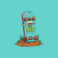 The illustration depicts a damaged skateboard functioning as a tombstone in a cartoon style. vector