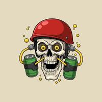 A cartoon illustration of a skull wearing a red helmet and drinking beer from two cans attached to tubes. vector
