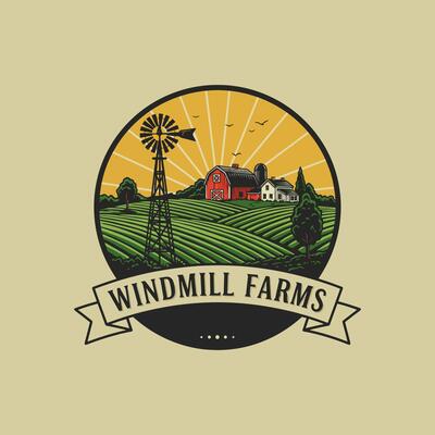 A vintage style logo featuring a windmill, farm buildings, and rolling green fields at sunset.