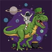 An astronaut joyfully rides a leprechaun-hatted T-Rex through space, surrounded by planets and a pot of gold. vector