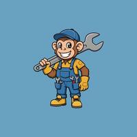 A cheerful cartoon monkey wearing overalls and a cap carries a large wrench and is ready for work. vector