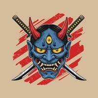 A fierce blue oni mask with three eyes is depicted, crossed by two samurai swords against a red and beige background. vector