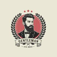 The image is a vintage-style logo featuring a stylishly groomed gentleman with a beard and mustache, framed by a laurel wreath. vector