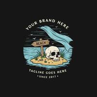 A stylized illustration of a skull resting on a small island near a beach signpost with a piece of fabric billowing in the wind. vector