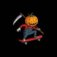 A cartoon jack o lantern character is skateboarding while holding a scythe. vector