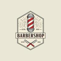 A vintage-style barbershop logo featuring a classic barber pole and crossed razors within a hexagonal frame. vector