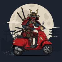 A fierce samurai in full armor rides a red Vespa-style scooter under a large full moon. vector