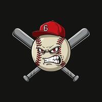 An illustration of an angry baseball with a red cap and crossed bats behind it. vector