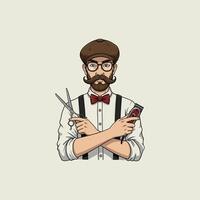The image shows a stylish barber holding scissors and a trimmer, showcasing a classic and retro look. vector