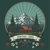A vintage illustration depicts a rustic log cabin nestled in a snowy mountain range, surrounded by pine trees and flora. vector