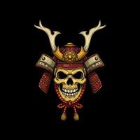 A stylized illustration depicting a skull wearing a traditional samurai helmet with horns and a red cord. vector