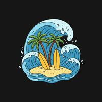A cartoon illustration depicts a small tropical island with two palm trees and surfboards nestled amidst crashing ocean waves. vector
