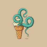 A whimsical illustration depicts an octopus tentacle playfully embracing a melting ice cream cone, creating a surreal and humorous scene. vector