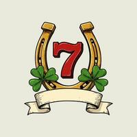 A gold horseshoe with a red seven and clovers, features a blank banner below. vector
