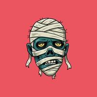 A cartoon illustration depicts a bandaged zombie mummy head against a red background. The expression is grim. vector