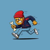 An angry cartoon man in a red beanie and blue jacket runs quickly while holding a bone. vector