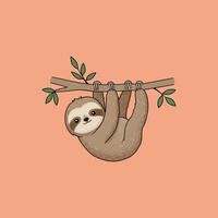 A cute cartoon sloth hangs upside down from a tree branch with green leaves a peaceful scene. vector