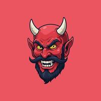 The image depicts a close-up illustration of an angry red devil head with horns, a beard, and a menacing grin. vector