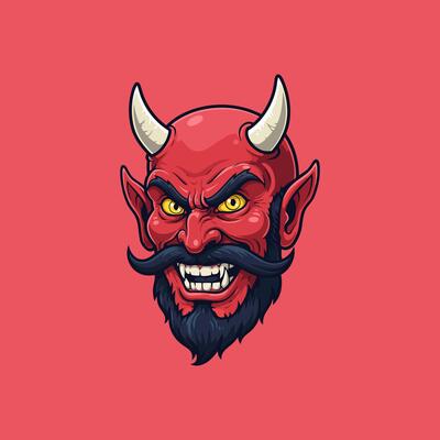 The image depicts a close-up illustration of an angry red devil head with horns, a beard, and a menacing grin.