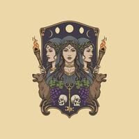 An illustration depicts a triple goddess figure, holding torches, flanked by dogs, with grapes and skulls below a key, symbolizing power and mystery. vector