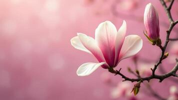 Magnolia flower on a branch with soft pink background for nature concept. photo