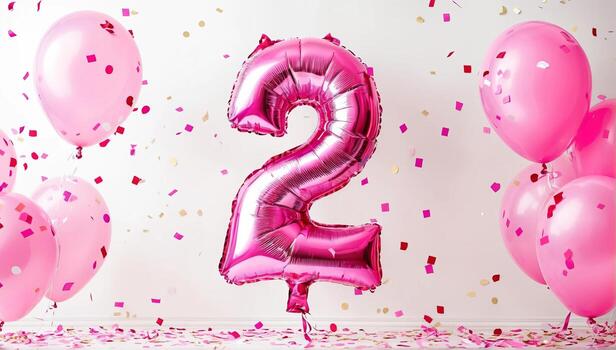 Festive setup for a second birthday with pink balloons, confetti, and a number 2 balloon. photo