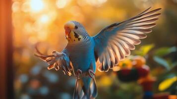 Sunlit room with bird flying among houseplants at dawn photo