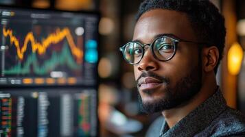 Young professional focuses on financial market trends in modern workspace during daytime photo