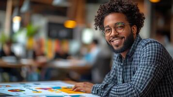 Creative professional in a mustard blazer smiling while working at a desk in a modern workspace photo
