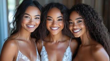 Group of women smiling together in natural light, showcasing beauty and friendship in an elegant setting photo