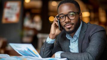 Young professional engaged in business discussion at a coffee shop while reviewing financial documents photo