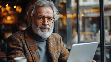 Elderly man working on laptop in a cozy cafe during winter afternoon photo