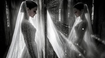 Bride in elegant veil captured during wedding ceremony with soft lighting in a serene atmosphere photo