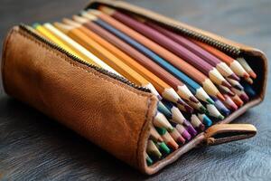 Colorful pencils arranged neatly in a brown leather case on a wooden surface photo