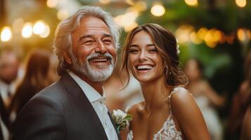 Joyful wedding celebration with smiling couple under string lights photo