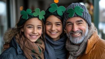 Family celebration wearing festive hats during St Patricks Day festivities in a cozy indoor setting photo