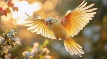 Sunlit room with bird flying among houseplants at dawn photo