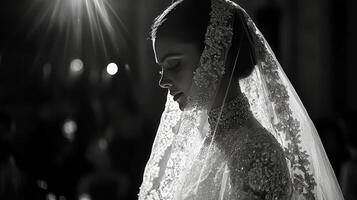 Bride in elegant veil captured during wedding ceremony with soft lighting in a serene atmosphere photo