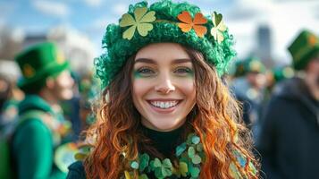 Smiling woman celebrating St Patricks Day in festive green attire with shamrocks and a joyful atmosphere photo