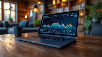 Data analysis and digital trends in a cozy workspace with warm lighting and coffee photo