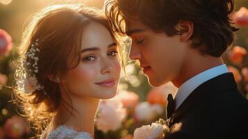 Couple exchanges smiles at their wedding ceremony in an elegant venue during a joyful celebration photo