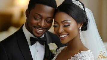 Young couple shares a joyful moment during an elegant wedding celebration in a beautifully decorated venue photo