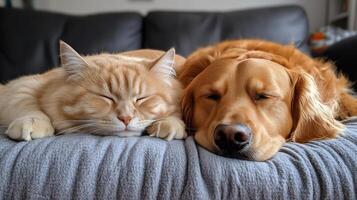 Cats and dogs peacefully sleeping together on a cozy blanket photo